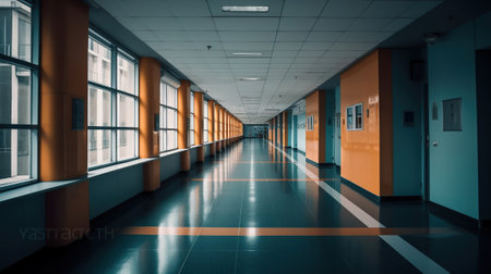 A large empty hospital hall with blue and orange colors. Generative AIの素材