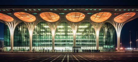The Mesmerizing Illuminated Facade of an International Airport. Generative AIの素材