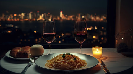A plate of spaghetti and wine on a table with a view of a city at night in the background with candles and wine glasses on the table. Generative AIの素材