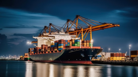Mega Container Ship Docks and Discharges in Port. Generative AIの素材