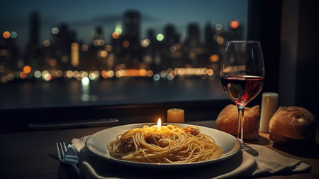 A plate of spaghetti and wine on a table with a view of a city at night in the background with candles and wine glasses on the table. Generative AIの素材