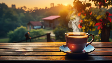 Hot tea/coffee cup on wooden table with background of nature sunlight in the morning. Generative AIの素材