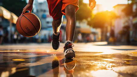 Basketball player dribbles outdoor at the streets. The Art of Street Basketball Dribbling. Generative AIの素材