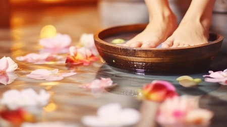 Female feet at spa salon on pedicure procedure. Female legs in water decoration the flowers. Generative AIの素材
