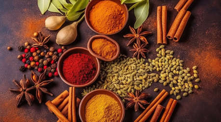 Top View, Spices ingredients for cooking. Spices concept. Generative AIの素材