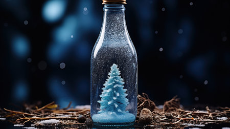 Blue glass bottle shot black background with branches of spruce and snow. Generative AIの素材