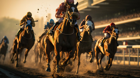 Jockeys riding horses in a race, a photo of a horse race, Generative AIの素材