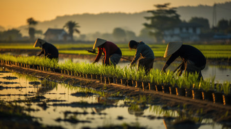 Farmers Tending to the Rice Fields at Dusk. Generative AIの素材