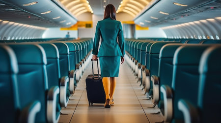 Air hostess going between seat rows on the plane. Generative AIの素材