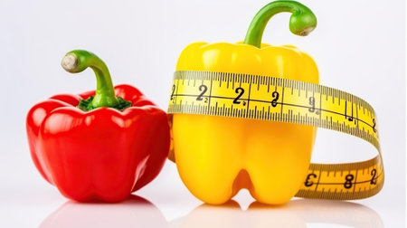 Sunny Delight. A Red and Yellow Pepper Shines Against a White Canvas. Generative AIの素材