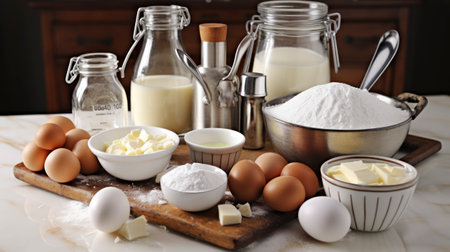 The Fundamental Ingredients and Equipment for Cake Creation. Flour, butter, sugar, eggs. Generative AIの素材