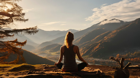 A Woman practicing meditation and zen energy yoga in mountains. Girl doing fitness exercise sport outdoors in morning. Generative AIの素材