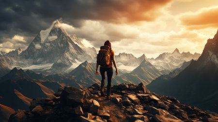 Echoes of Achievement. Silhouette of a explorer trekker on the top of amazing mountain. Generative AIの素材