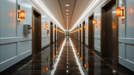 Illuminated Elegance. An Empty Hotel Corridor Adorned with LED Lights. Generative AIの素材