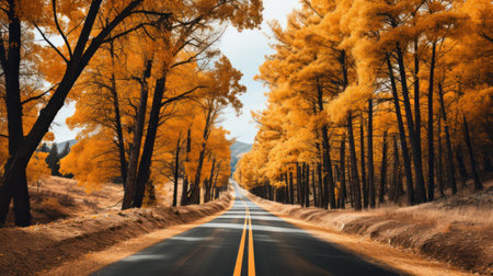 Fall's Embrace. A Serene Roadway Blanketed in Orange and Yellow Foliage. Generative AIの素材