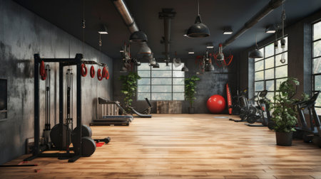 Training Grounds. Modern Gym Interior With Boxing Bag, Workout And Training Equipments. Generative AIの素材