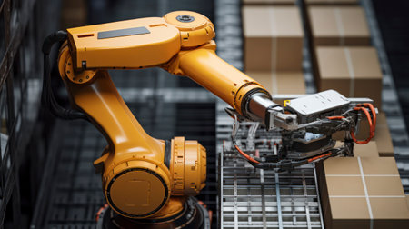 Top View Of Robotic Arm Working On Conveyor Belt In Smart Warehouse. Generative AIの素材