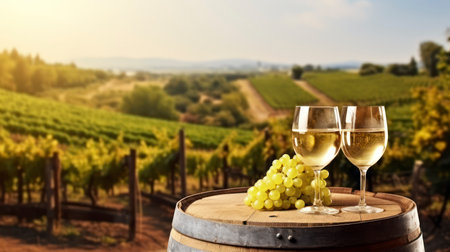 Enjoying a Sumptuous Red Wine, Resting on a Wooden Keg with a Panoramic Vineyard Backdrop. Generative AIの素材