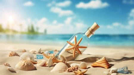 Seashore Secrets - Summer sandy beach concept with letter in bottle, starfish and shells. Generative AIの素材