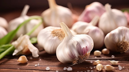 Fresh Garlic Arrayed on a Wooden Table. Generative AIの素材