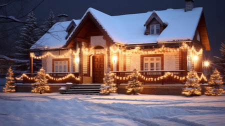 Christmas Charm. A Residential Haven Dazzling with Holiday Lights and Gentle Snow. Generative AIの素材