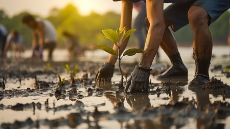 The Communal Effort of Planting Trees in Mangrove Reforestation. Generative AIの素材