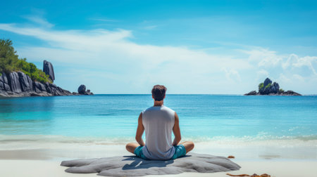 Tropical Tranquility - A Woman's Sunrise Yoga Session by the Sea. Generative AIの素材