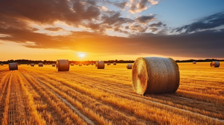 Twilight's Golden Touch. The Majestic View of a Yellow Field with Round Hay Bales Illuminated by Sunlight. Generative AIの素材
