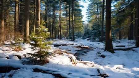 The Quiet Majesty of an Old Forest in Winter's Embrace. Generative AIの素材