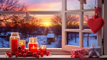 Evening Elegance - Atmospheric Christmas window sill decoration with beautiful sunset view. Generative AIの素材