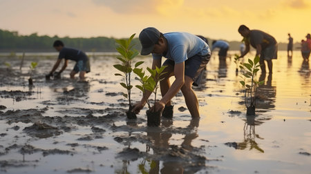 Planting Hope. The Community's Role in Rebuilding Mangroves, One Tree at a Time. Generative AIの素材