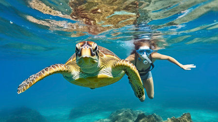 Underwater Encounter. A Woman's Mesmerizing Snorkeling Experience with a Hawksbill Turtle. Generative AIの素材
