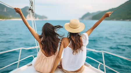 A Woman's Journey on a Private Yacht in Tropical Waters on summer holiday vacation. Generative AIの素材