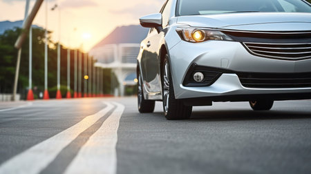 Roadside Radiance. A Detailed Look at a Parked Silver Car. Generative AIの素材