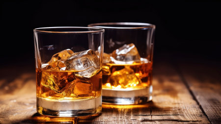 The Warm Ambiance of Whiskey Glasses with Ice, Thoughtfully Served on Weathered Wood. Generative AIの素材