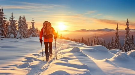 Sunrise over Snowfields. A Walker's Journey Through Powder Snow in the Early Morning Light. Generative AIの素材