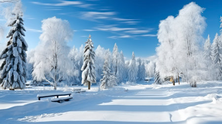 Winter's Embrace - Beautiful winter landscape with snow covered trees. Generative AIの素材