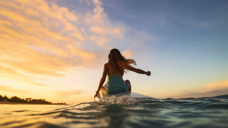 Water sport exercise surfing on summer vacation. A woman surfer paddling surfboard and riding the wave in the sea at tropical beach at sunset. Generative AIの素材
