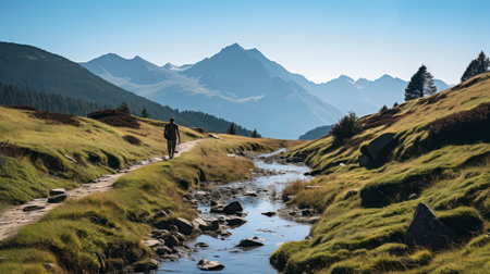 Sunny Summits - Hiking on a beautiful sunny summer day. Scenic panoramic landscape. Generative AIの素材
