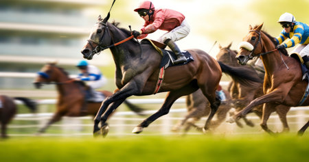 Racing to Victory. Jockeys Guide Their Horses in a Thrilling Outdoor Race. Generative AIの素材