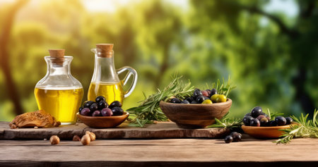 Nature's Bounty. Freshly Picked Olives and Their Oil on Wooden Backdrop. Generative AIの素材