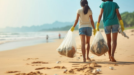 A Woman's and his daughter Determined Crusade Against Coastal Garbage. The Inspiring Story of Beach Trash Removal. Generative AIの素材