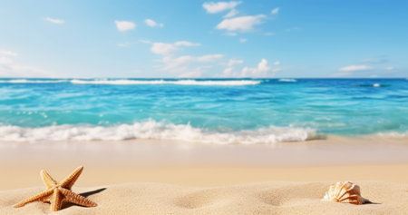Summer Sands. A Tranquil Beachfront with a Hazy Ocean Horizon. Generative AIの素材