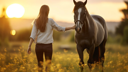 Evening Grace. A Woman's Tranquil Encounter with Her Horse in the Fading Light. Generative AIの素材