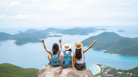 Women Finding Adventure on Mountain Peaks on summer travel vacation. Generative AIの素材