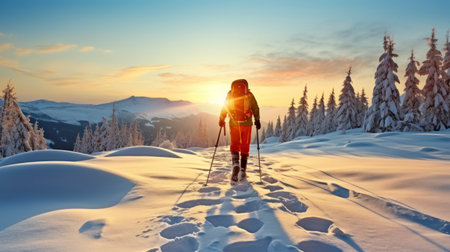 Morning Glide - Traversing the Untouched Powder with Snowshoes in the First Light of Sunrise. Generative AIの素材