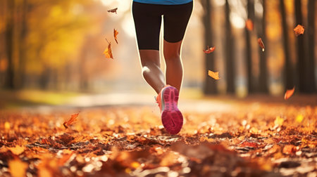 Crunching Colors. The Rhythmic Run of a Woman Amidst Autumn Leaves. Generative AIの素材