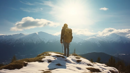 Hiker standing in the mountains with sun shining on top. Generative AIの素材