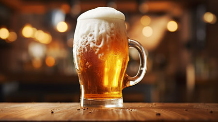 The Dynamic Spill of Beer Foam from a Pint Glass, Elegantly Contrasting with a Wooden Setting. Generative AIの素材