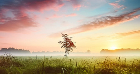 The Quiet Splendor of a Landscape Enveloped in Mist at Daybreakの素材
